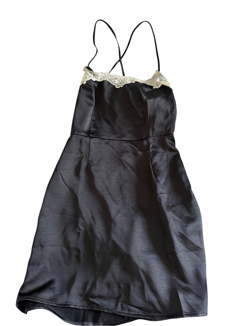 Forever 21 Black Satin Slip Dress with Cream Lace Trim